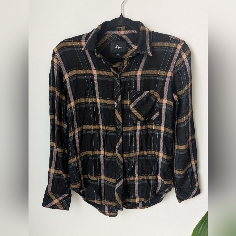 Rails Hunter Plaid Button-Down Shirt – Midnight Teal/Mustard – Size XXS